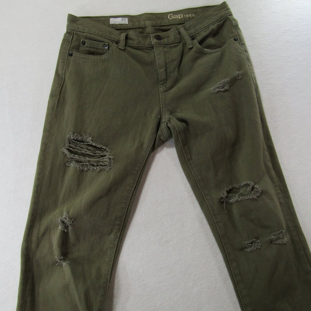Gap Women’s Green Girlfriend Mid-rise Distressed Jeans, Size 27R - Picture 3 of 9